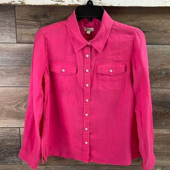 TALBOTS Linen Button Up Long Collared Sleeve Blouse Small Petite Pink - Picture 2 of 8